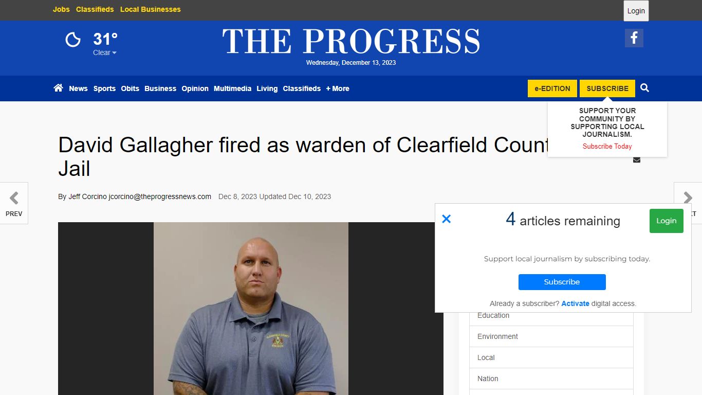 David Gallagher fired as warden of Clearfield County Jail
